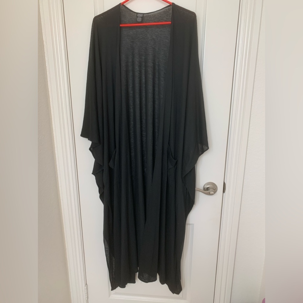 Roz & Ali Black Open Front Duster Kimono One Size with Front Pockets
